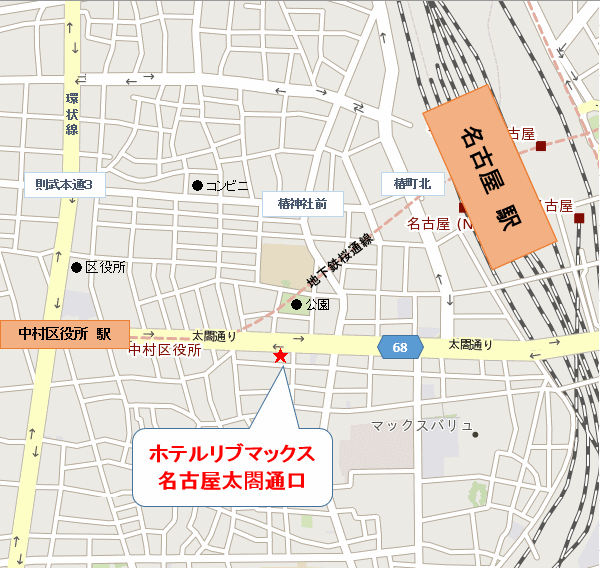 ホテルリブマックスＢＵＤＧＥＴ名古屋太閤通口への概略アクセスマップ