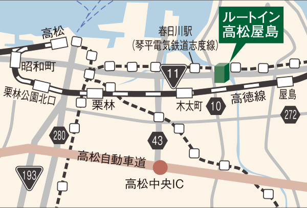 ホテルルートイン高松屋島への概略アクセスマップ