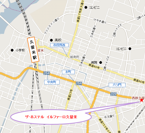 地図：ホステル　イルファーロ久留米