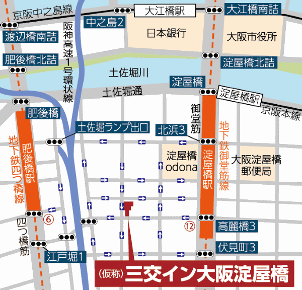 三交イン大阪淀屋橋〜四季乃湯〜への概略アクセスマップ