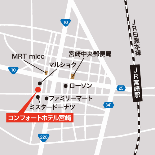 コンフォートホテル宮崎への概略アクセスマップ