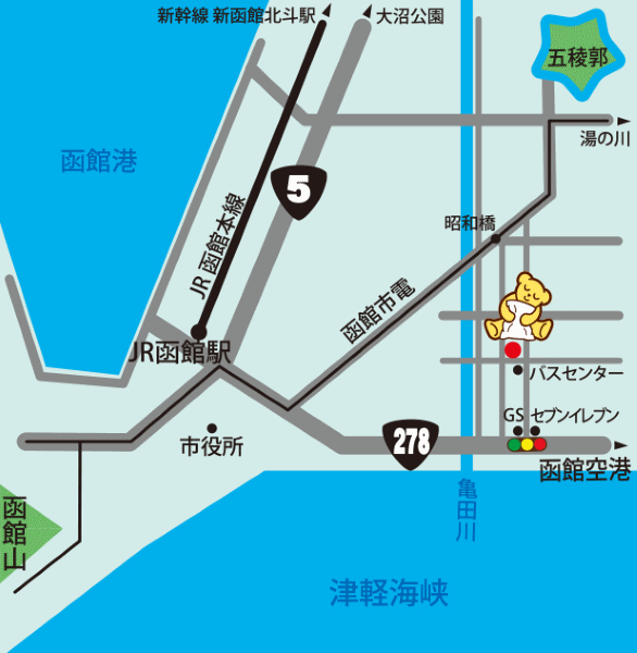 ファミリーロッジ旅籠屋・函館店への概略アクセスマップ