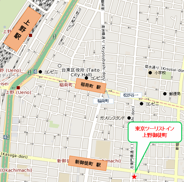 ホテルツーリストイン上野御徒町への概略アクセスマップ