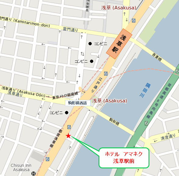 ホテル　アマネク　浅草駅前への概略アクセスマップ