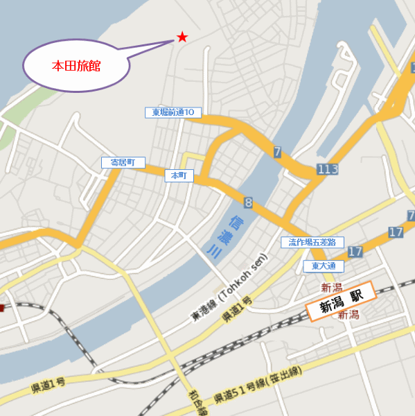 本田旅館への概略アクセスマップ