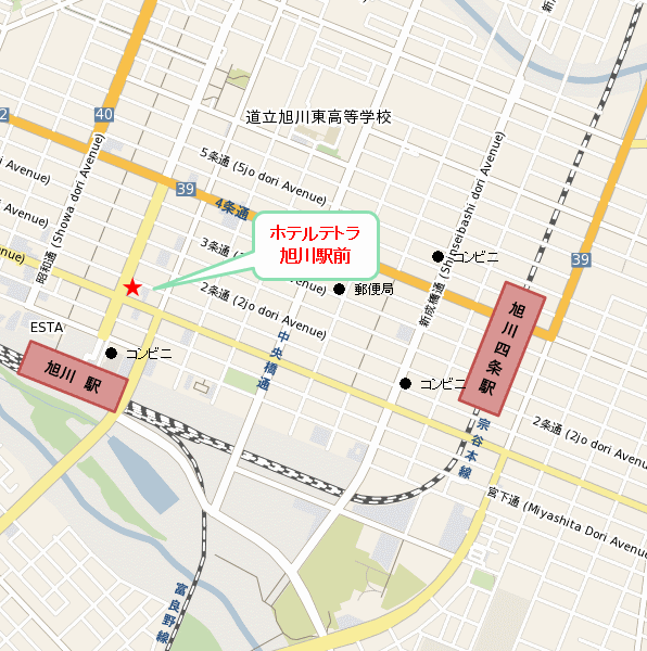 ホテルテトラ旭川駅前への概略アクセスマップ