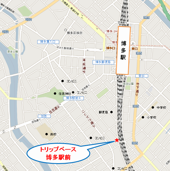 トリップベース博多駅前への概略アクセスマップ