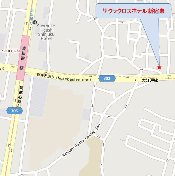 サクラクロスホテル新宿東への概略アクセスマップ