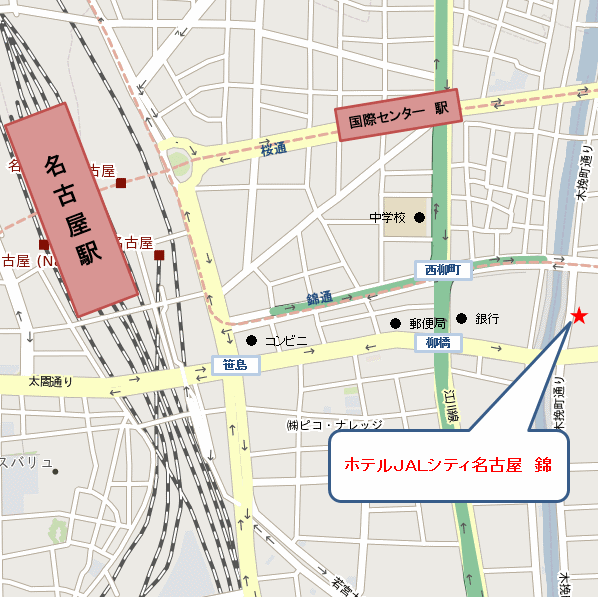 ホテルＪＡＬシティ名古屋　錦への概略アクセスマップ