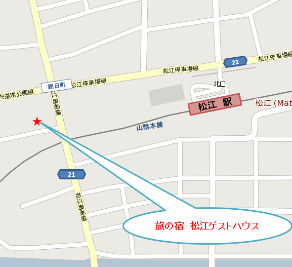 旅の宿　松江ゲストハウスへの概略アクセスマップ