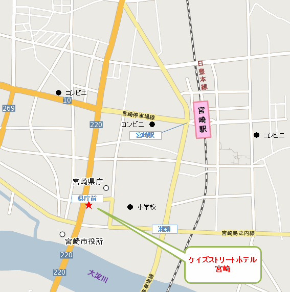ケイズストリートホテル宮崎（旧エムズホテルクレール宮崎）への概略アクセスマップ