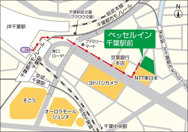 ベッセルイン千葉駅前｜サウナ付大浴場（千葉・京成千葉・幕張）への概略アクセスマップ