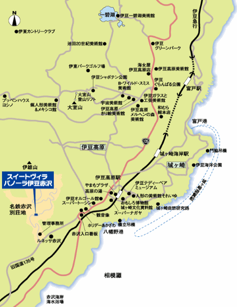 赤沢温泉　スイートヴィラパノーラ伊豆赤沢への概略アクセスマップ