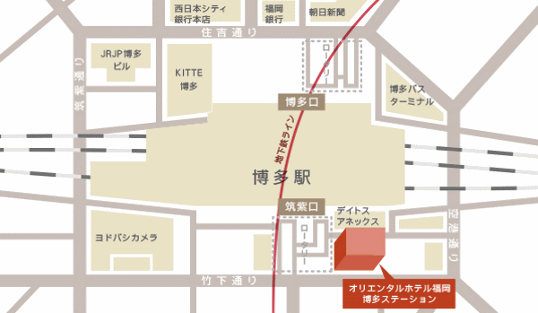 オリエンタルホテル福岡　博多ステーションへの概略アクセスマップ