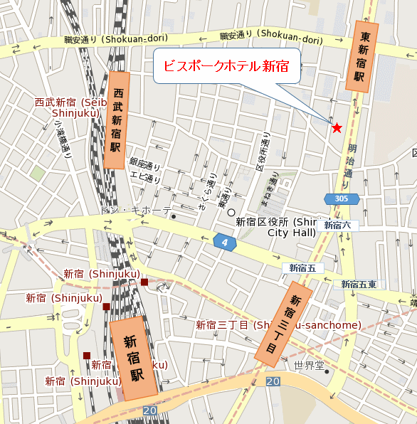 ビスポークホテル新宿への概略アクセスマップ