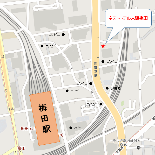 ネストホテル大阪梅田への概略アクセスマップ