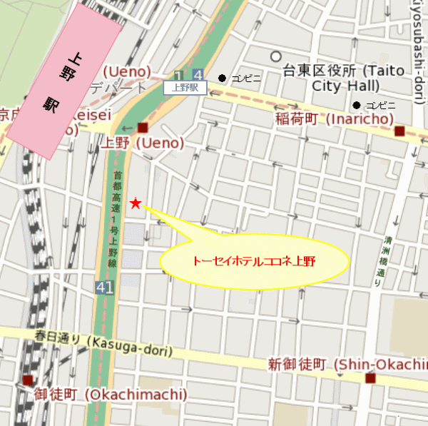 トーセイホテルココネ上野への概略アクセスマップ