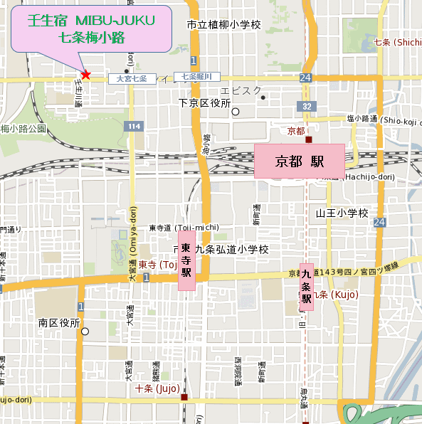 壬生宿　ＭＩＢＵ‐ＪＵＫＵ　七条梅小路への概略アクセスマップ