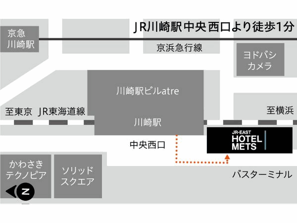 ＪＲ東日本ホテルメッツ川崎への概略アクセスマップ