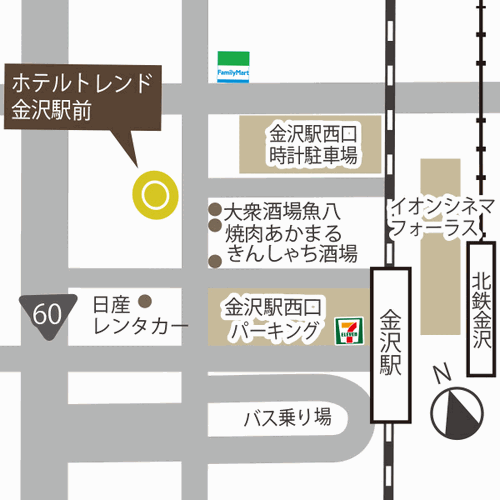 ホテルトレンド金沢駅前への概略アクセスマップ