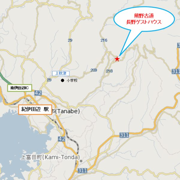 熊野古道　長野ゲストハウスへの概略アクセスマップ