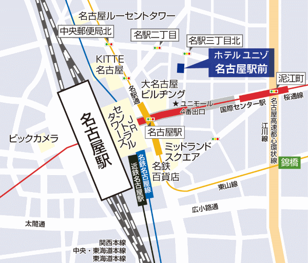 ホテルユニゾ名古屋駅前への概略アクセスマップ