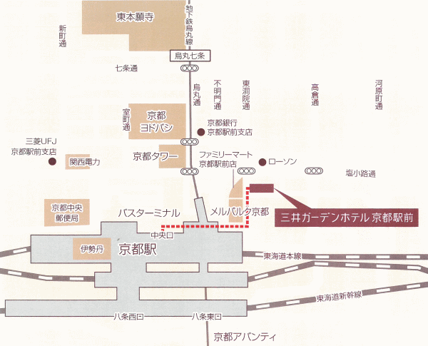 三井ガーデンホテル京都駅前への概略アクセスマップ