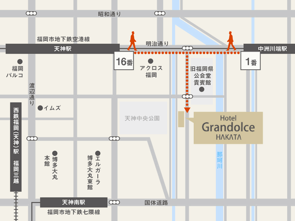 ホテル　グランドルチェ博多への概略アクセスマップ