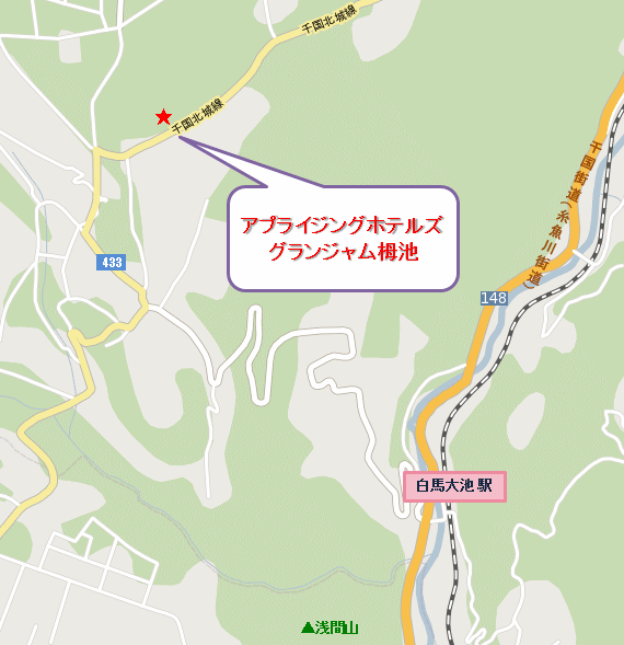 白馬姫川温泉　アプライジングホテルズ　グランジャム栂池への概略アクセスマップ