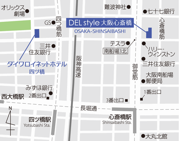 ＤＥＬ ｓｔｙｌｅ 大阪心斎橋（旧ダイワロイネットホテル大阪心斎橋）の地図画像