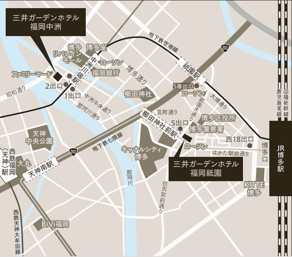 三井ガーデンホテル福岡祇園への概略アクセスマップ