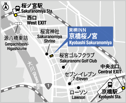東横ＩＮＮ京橋桜ノ宮への概略アクセスマップ
