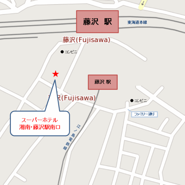 天然温泉　伝馬の湯　スーパーホテル湘南・藤沢駅南口への案内図