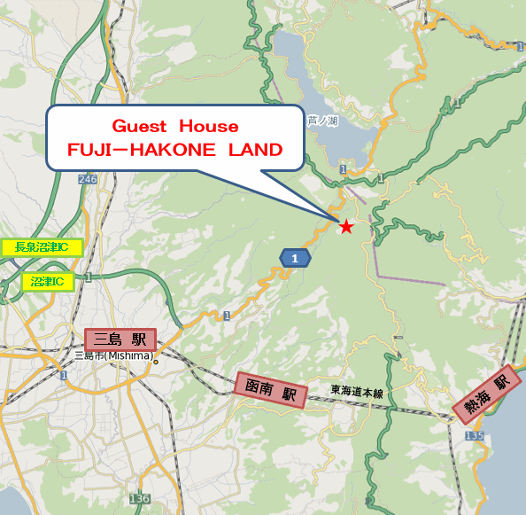 Ｇｕｅｓｔ　Ｈｏｕｓｅ　ＦＵＪＩ－ＨＡＫＯＮＥ　ＬＡＮＤへの概略アクセスマップ