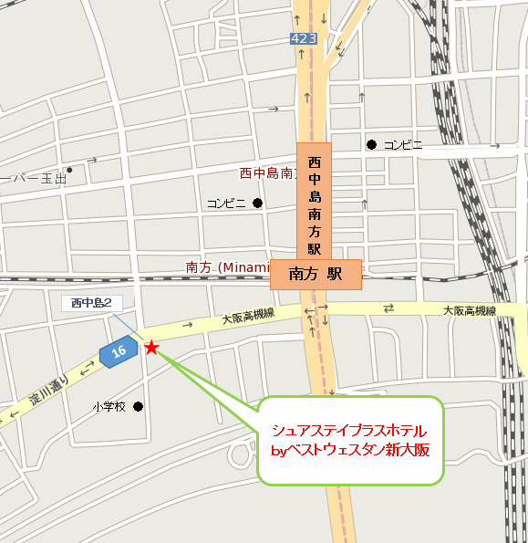 地図：シュアステイプラスホテルｂｙベストウェスタン新大阪