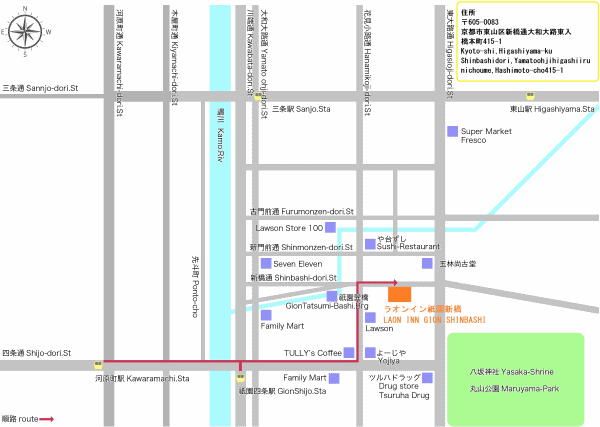 ラオンイン祇園新橋への概略アクセスマップ