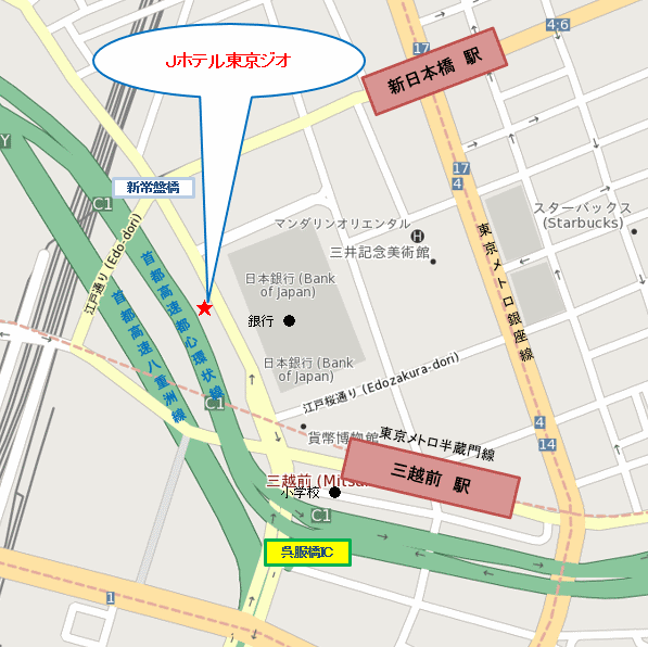 Ｊホテル東京ジオへの概略アクセスマップ