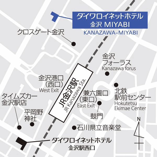 ダイワロイネットホテル金沢ＭＩＹＡＢＩへの概略アクセスマップ