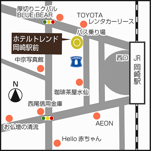 ホテルトレンド岡崎駅前への概略アクセスマップ