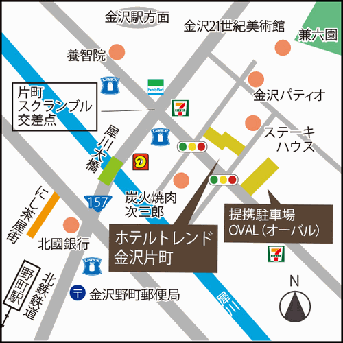 ホテルトレンド金沢片町への概略アクセスマップ