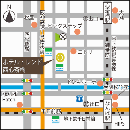 ホテルトレンド西心斎橋への概略アクセスマップ
