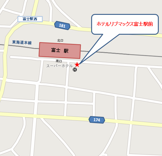ホテルリブマックスＢＵＤＧＥＴ富士駅前への概略アクセスマップ