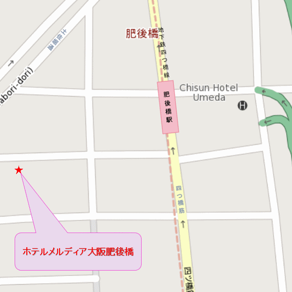 ホテルメルディア大阪肥後橋への概略アクセスマップ