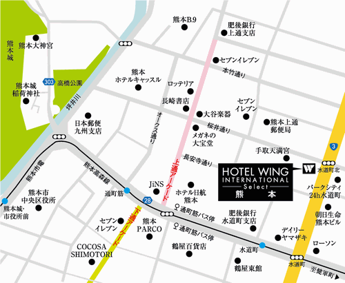 ホテルウィングインターナショナルセレクト熊本への概略アクセスマップ