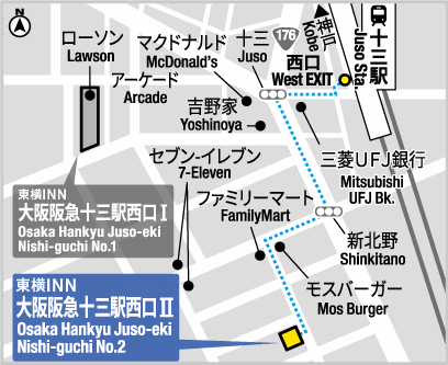 東横ＩＮＮ大阪阪急十三駅西口２への概略アクセスマップ