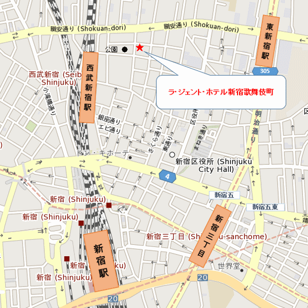 ラ・ジェント・ホテル新宿歌舞伎町への概略アクセスマップ