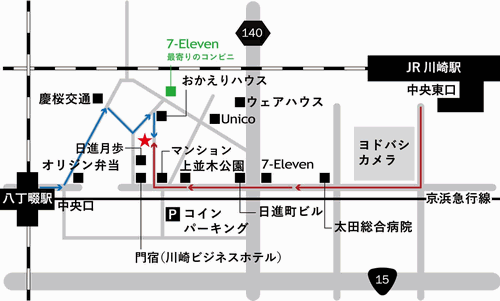 ビジネスホテル　サンフラワー　川崎日進町への概略アクセスマップ