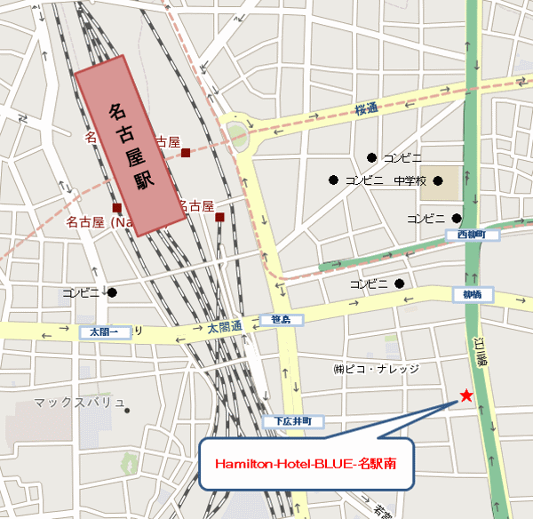 ハミルトンホテル-ブルー名駅南-への概略アクセスマップ