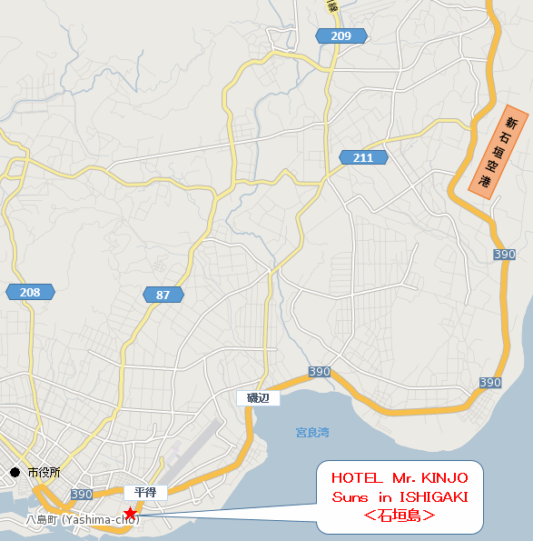 ＨＯＴＥＬ　Ｍｒ．ＫＩＮＪＯ　Ｓｕｎｓ　ｉｎ　ＩＳＨＩＧＡＫＩ＜石垣島＞への概略アクセスマップ