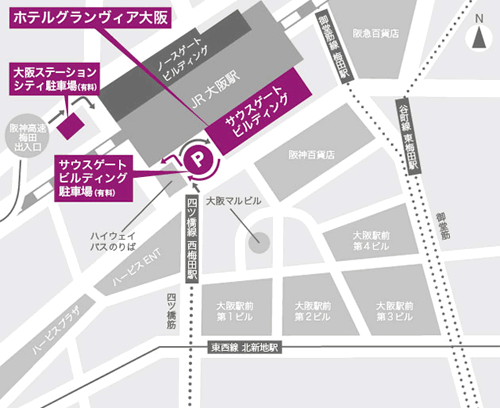 ホテルグランヴィア大阪への概略アクセスマップ